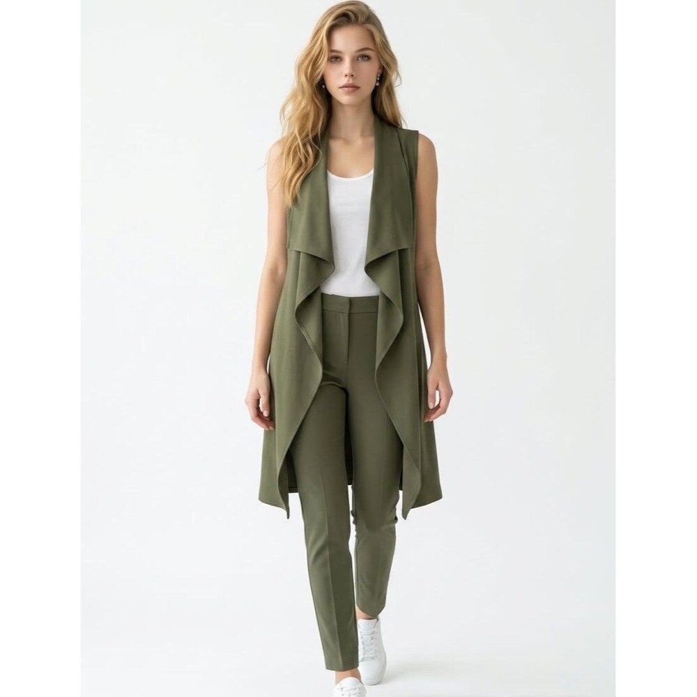 Women’s Olive Green Sleeveless Cardigan Jacket Size Medium Drape Front